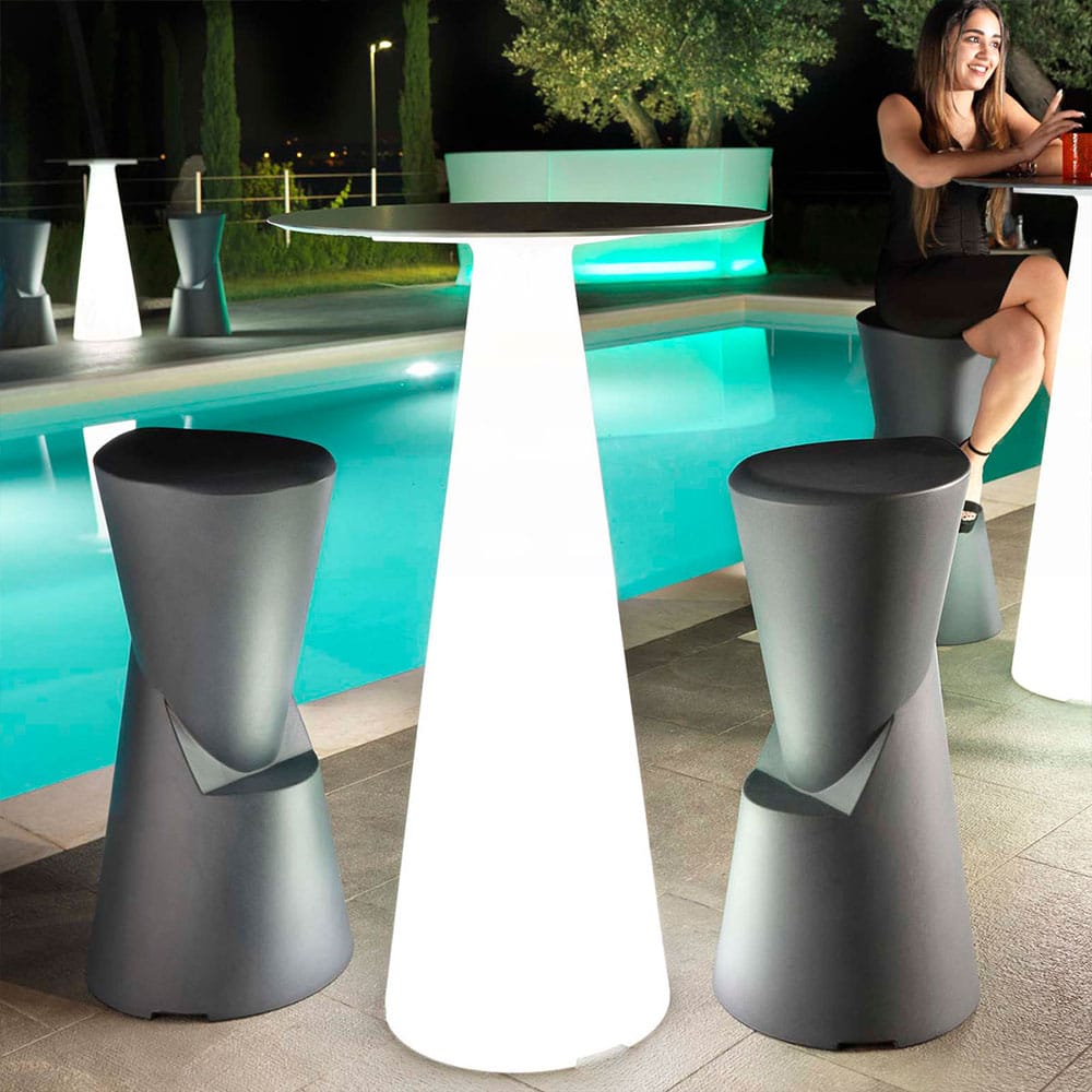 Tabouret Dot Anthracite & Table haute lumineuse blanche Tiffany plateau rond anthracite